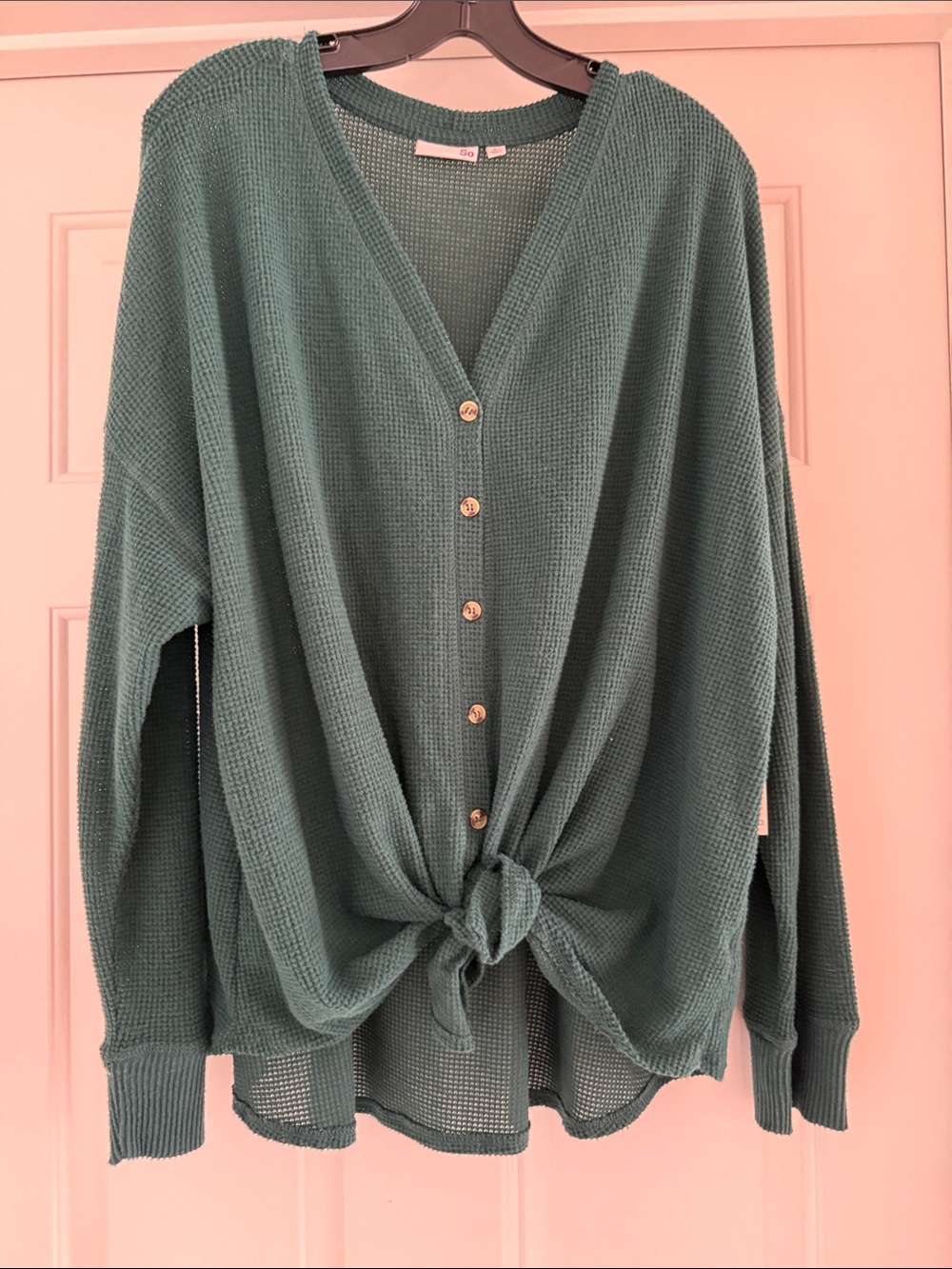 SO Green Waffle-Knit Button-Front Cardigan with Front Tie